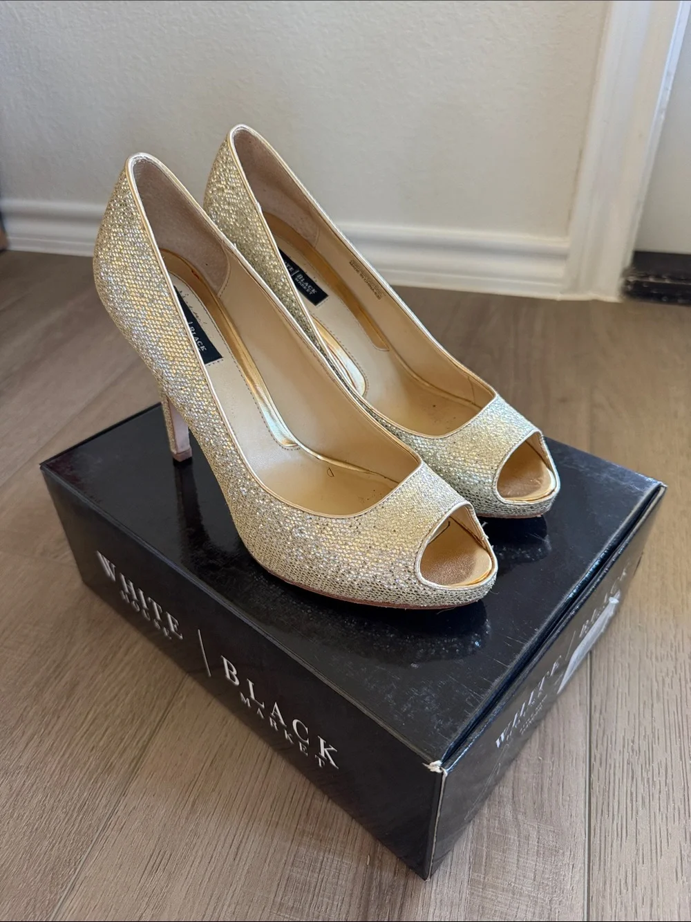 White House Black Market Gold Glitter Peep-Toe Pumps